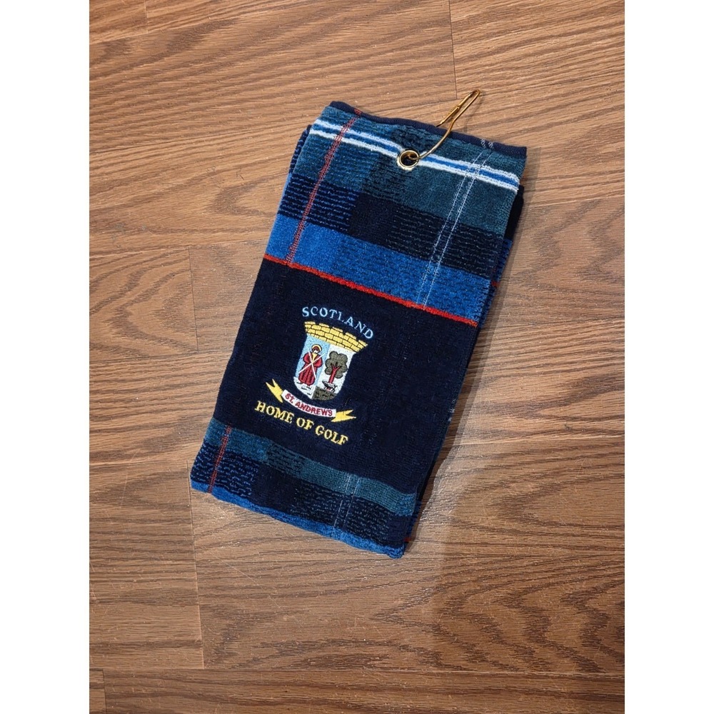 St Andrews Scotland Home of Golf Towel Navy Blue Plaid Tri-Fold Embroidered Clip